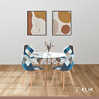 Comedor Mesa Eames Redonda vidrio 100cm + 4 Sillas Eames Patchwork Tela Wood Celeste 2