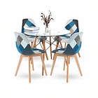 Comedor Mesa Eames Redonda vidrio 80cm + 4 Sillas Eames Patchwork Tela Wood Celeste 1