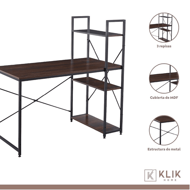 Escritorio Industrial Home Office con Repisas Oslo - Madera Oscura Walnut 10