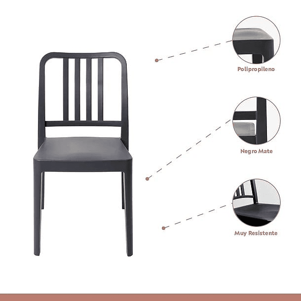 Mesa restaurant 80x80 Polipropileno + 4 Sillas Navy - Negra 4