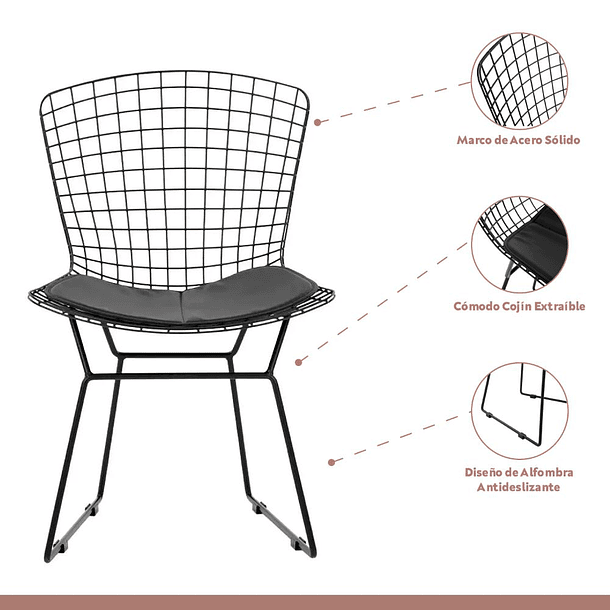 Pack de 4 Sillas Bertoia metal de terraza living comedor acolchada - Negra 3