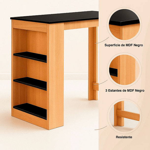 Mesa de cocina organizadora alta color madera con cubierta negra - Negro 5