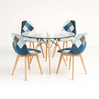 Comedor Mesa Eames Redonda vidrio 100cm + 4 Sillas Eames Patchwork Tela Wood Celeste 1