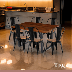 Comedor Industrial 140x90 Oscura + 6 Sillas Tolix Negras con Asiento de Madera Oscura Walnut