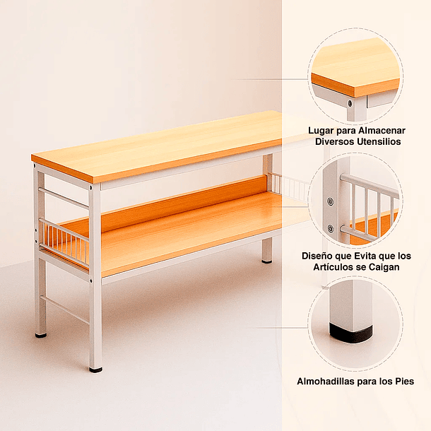 Mesa de cocina organizadora 2 niveles metal y madera clara - Blanca 12