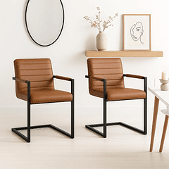 Pack de 2 Sillas Industriales de Cuero Sintético Marrón con Base Metálica – Café