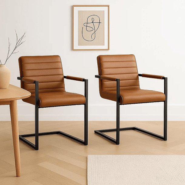 Pack de 2 Sillas Industriales de Cuero Sintético Marrón con Base Metálica – Café 3