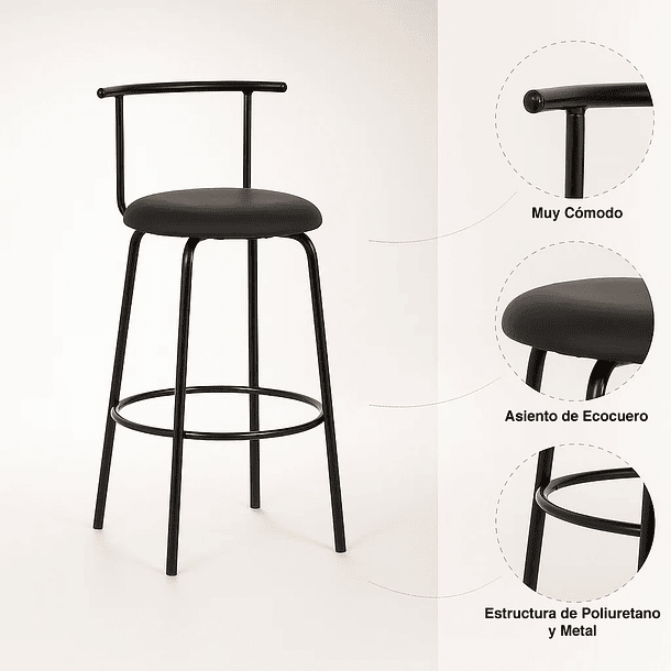 Pack de 2 Taburetes Altos Oslo Metal y Cuero Sintético - Negro 5