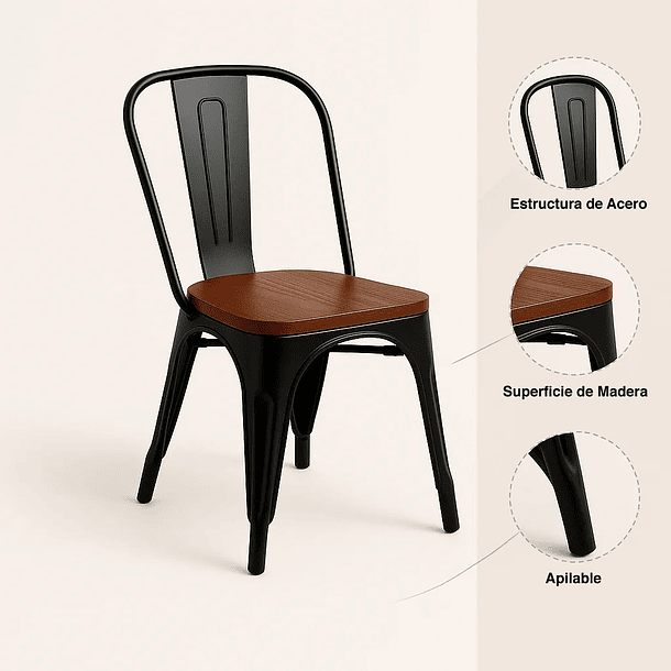 Pack de 4 sillas Tolix con asiento de Madera Oscura Walnut - Negras 5
