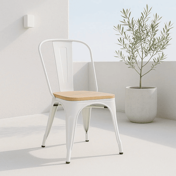 Silla Tolix con asiento de madera clara - Blanca 9