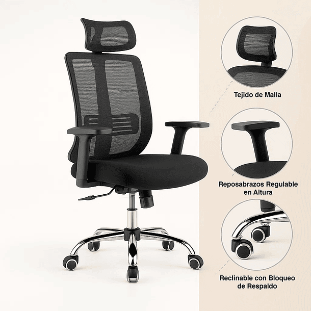 Silla de oficina mesh negra ejecutiva con apoyabrazos y cabeza 12