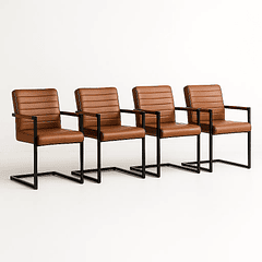 Pack de 4 Sillas Industriales de Cuero Sintético Marrón con Base Metálica – Café