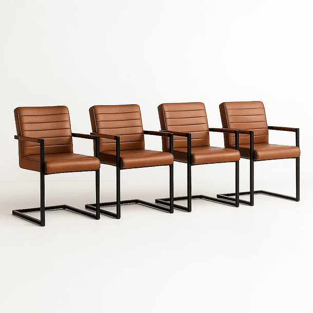 Pack de 4 Sillas Industriales de Cuero Sintético Marrón con Base Metálica – Café 1