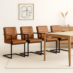 Pack de 4 Sillas Industriales de Cuero Sintético Marrón con Base Metálica – Café