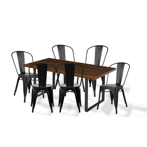 Comedor Industrial 160x90 Madera Oscura Walnut + 6 Sillas Tolix Negras 1