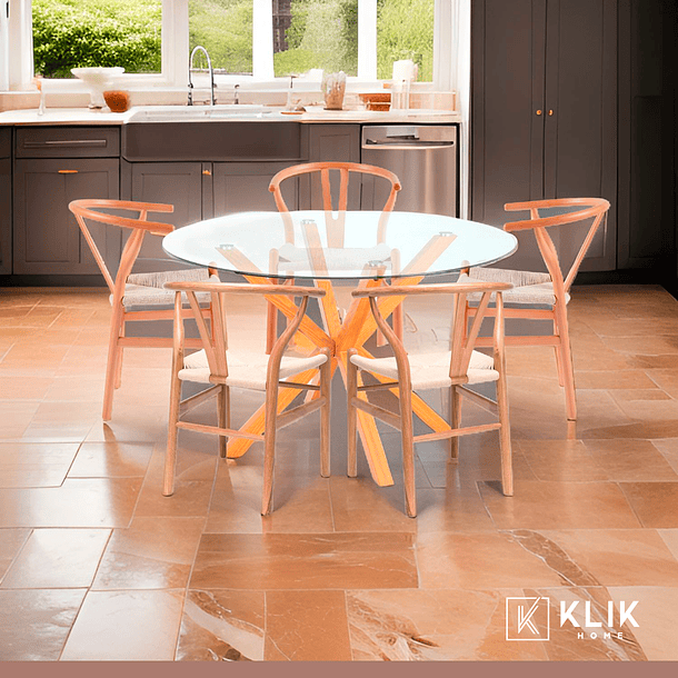 Comedor Mesa redonda de vidrio Cross 120cm + 5 Sillas Wishbone Madera 2