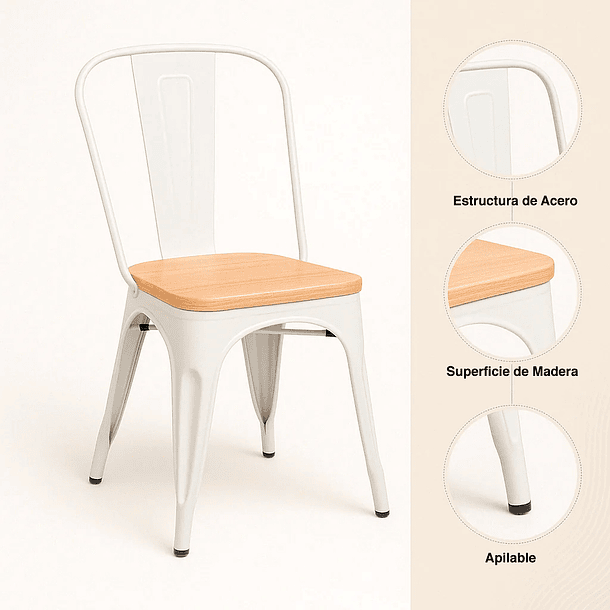 Silla Tolix con asiento de madera clara - Blanca 6