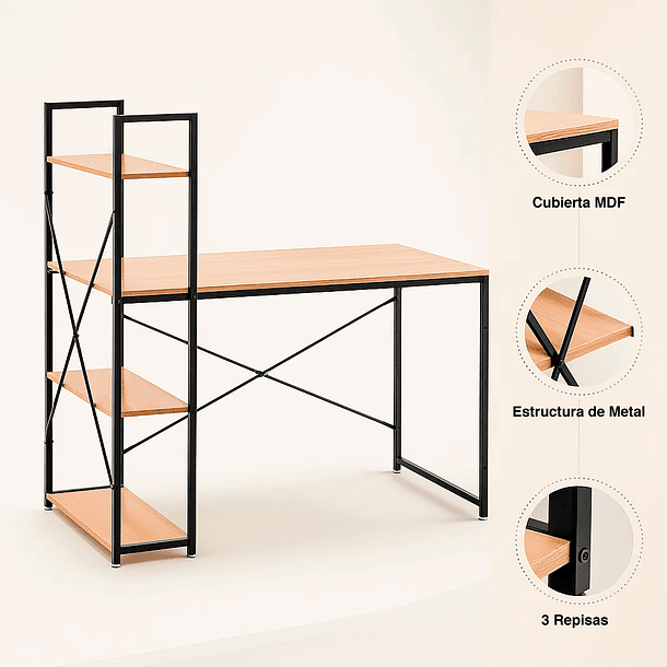 Escritorio Industrial Home Office con Repisas Oslo - Madera Clara 6