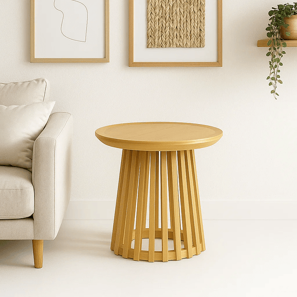 Mesa Redonda de 50 cm Madera Natural con Base Estilo Rejilla - Café 3