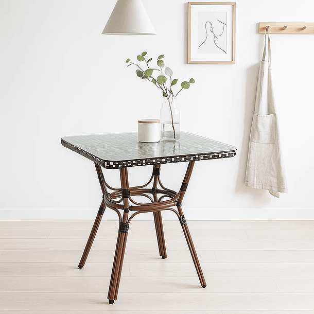 Mesa Bistro Parisina de Vidrio con Metál y Rattan Sintético 3