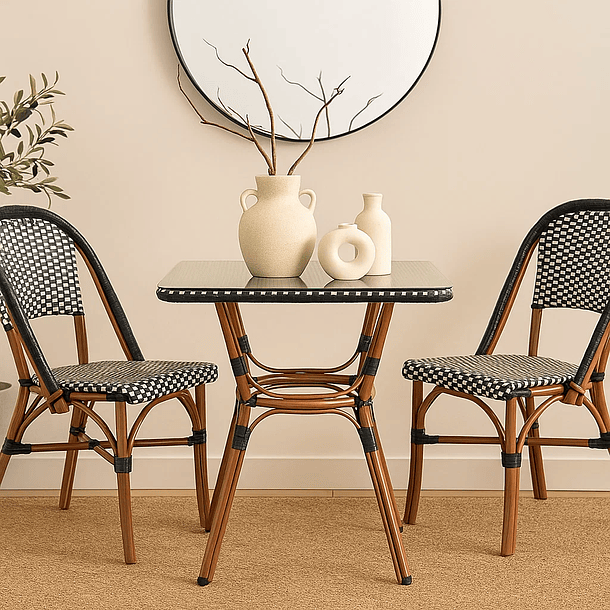 Mesa Bistro Parisina de Vidrio con Metál y Rattan Sintético 4