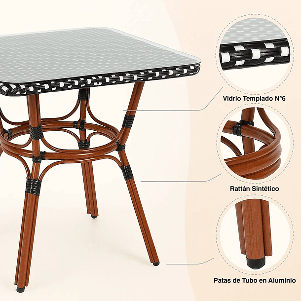 Mesa Bistro Parisina de Vidrio con Metál y Rattan Sintético 6