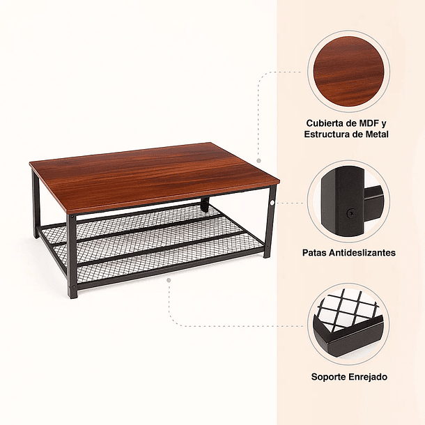 Mesa de centro metal madera oscura walnut enrejada 106x60 6