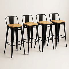 Pack de 4 Taburetes Tolix Con Asiento De Madera Clara - Negros