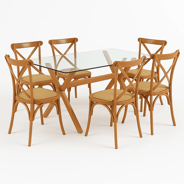 Comedor mesa de vidrio cross 140x90 + 6 sillas Crossback Madera 1