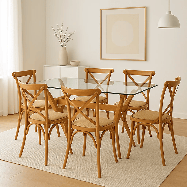 Comedor mesa de vidrio cross 140x90 + 6 sillas Crossback Madera 8