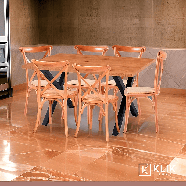 Comedor Mesa Color Madera y Metal Cross 140x90 + 6 Sillas Crossback Madera Rattan Natural 2