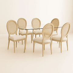 Comedor Mesa de Vidrio Rectangular Nórdica 140x90 cm + 6 Silla de Madera Acolchada Luis XV