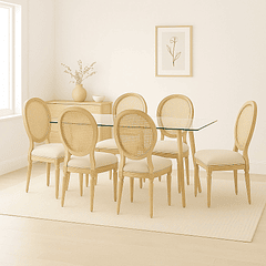 Comedor Mesa de Vidrio Rectangular Nórdica 140x90 cm + 6 Silla de Madera Acolchada Luis XV
