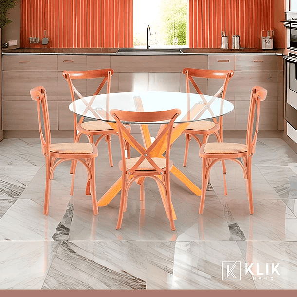 Comedor redonda de vidrio Cross 120cm + 5 Sillas Crossback Madera 2