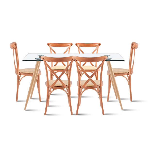Comedor Mesa de Vidrio Rectangular 120x80 + 6 Silla Crossback Madera 1