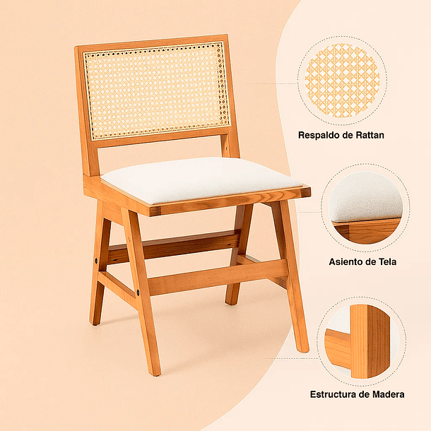 Pack de 2 Sillas Aura de Rattan con Asiento de Tela - Natural Beige 5