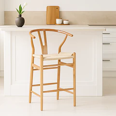 Taburete Wishbone Madera y Hilo de Cuerda - Natural