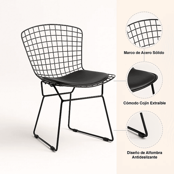 Silla Bertoia metal de terraza living comedor acolchada - Negra 10