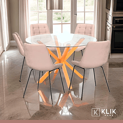 Mesa de comedor redonda de vidrio Cross 120cm + 5 Silla Macron Terciopelo - Beige
