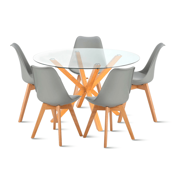 Comedor redondo de vidrio Cross 120cm + 5 Silla Tulip Acolchada - Gris 1