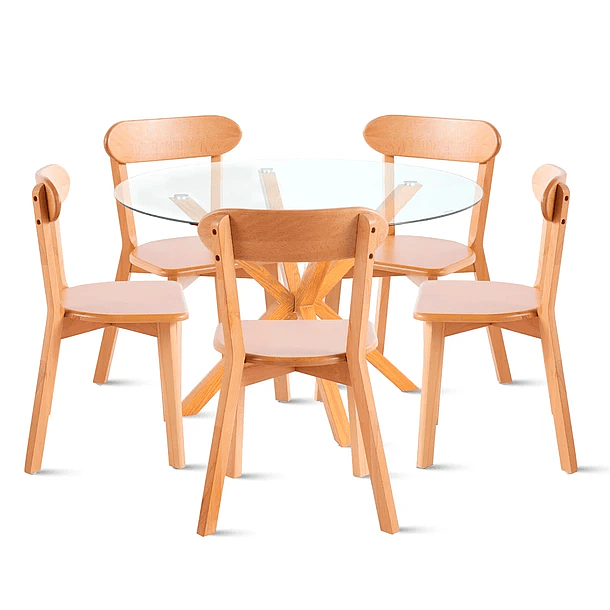 Comedor redondo de vidrio Cross 120cm + 5 Sillas Fresno de Madera - Natural 1