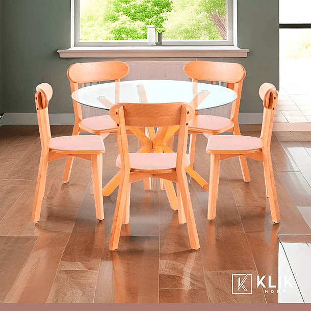 Comedor redondo de vidrio Cross 120cm + 5 Sillas Fresno de Madera - Natural 8