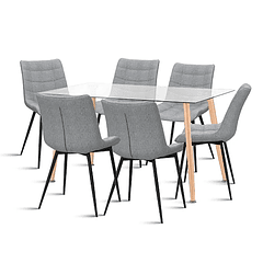 Comedor Mesa Vidrio Rectangular 120x80 + 6 Silla Macron Terciopelo - Gris