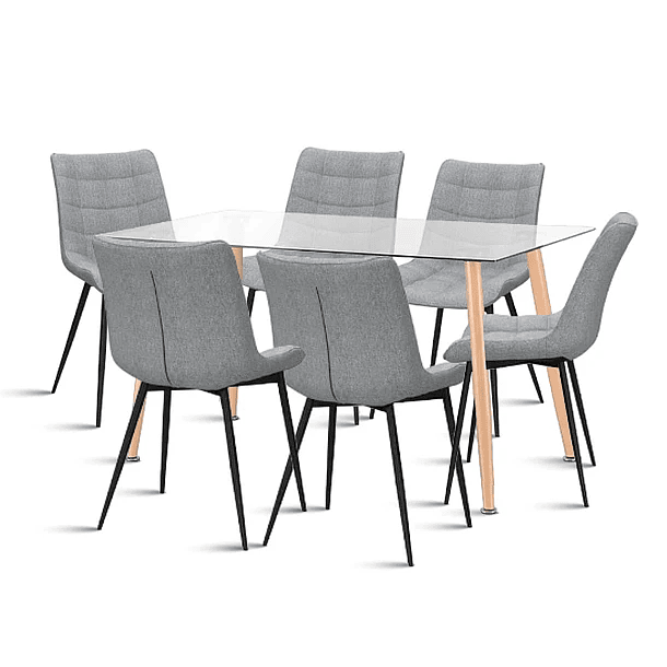 Comedor Mesa Vidrio Rectangular 120x80 + 6 Silla Macron Terciopelo - Gris 1