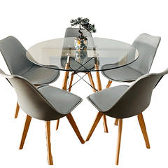 Comedor Mesa Eames Vidrio 100 cm + 5 Sillas Tulip Grises
