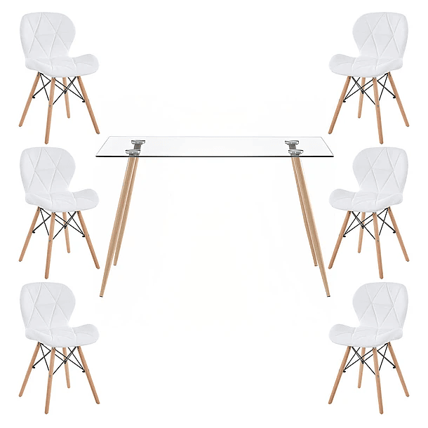 Comedor Mesa Rectangular de Vidrio 120x80 cm + 6 Sillas Radar Blancas 1