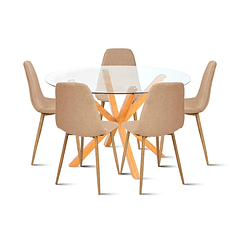 Comedor redondo de vidrio Cross 120cm + 5 Silla Spoon Velvet - Beige