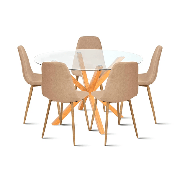 Comedor redondo de vidrio Cross 120cm + 5 Silla Spoon Velvet - Beige 1