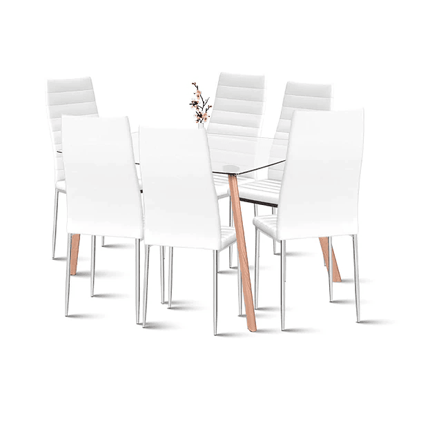 Comedor Mesa de Vidrio Rectangular 140x90cm + 6 Sillas Dining Liana Acolchadas - Blancas 1