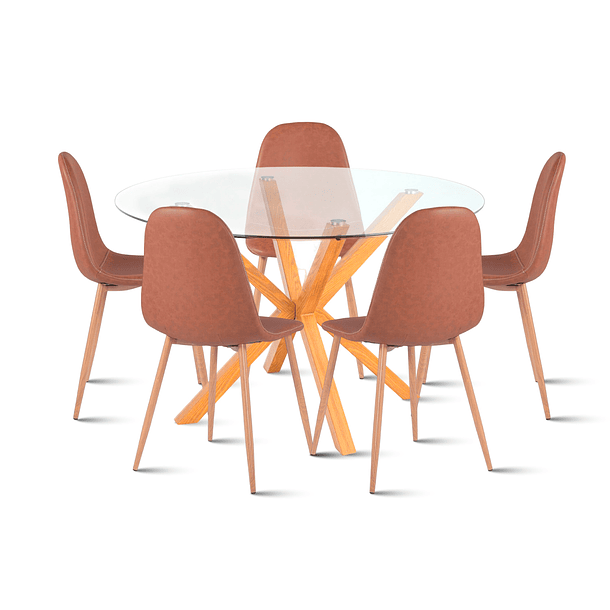 Comedor redondo de vidrio Cross 120cm + 5 Silla Spoon Ecocuero Vintage - Café 1
